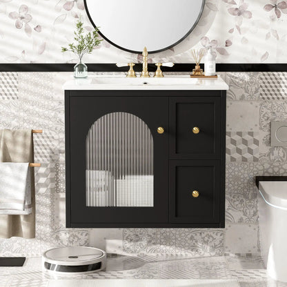 Wall-mount vanity with sink, black cabinet, white countertop, two drawers, soft-close door on Tampa Home & Garden Store