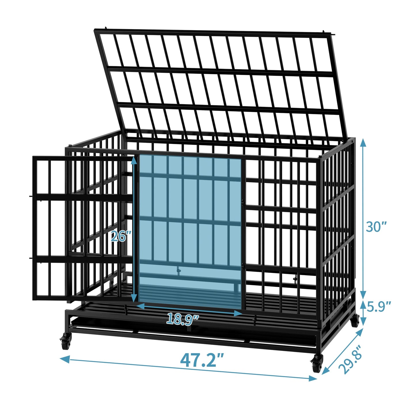 48 Inch Heavy Duty Dog Crate with Wheels black metal cage blue front panel HouseOfZazla on Tampa Home & Garden Store