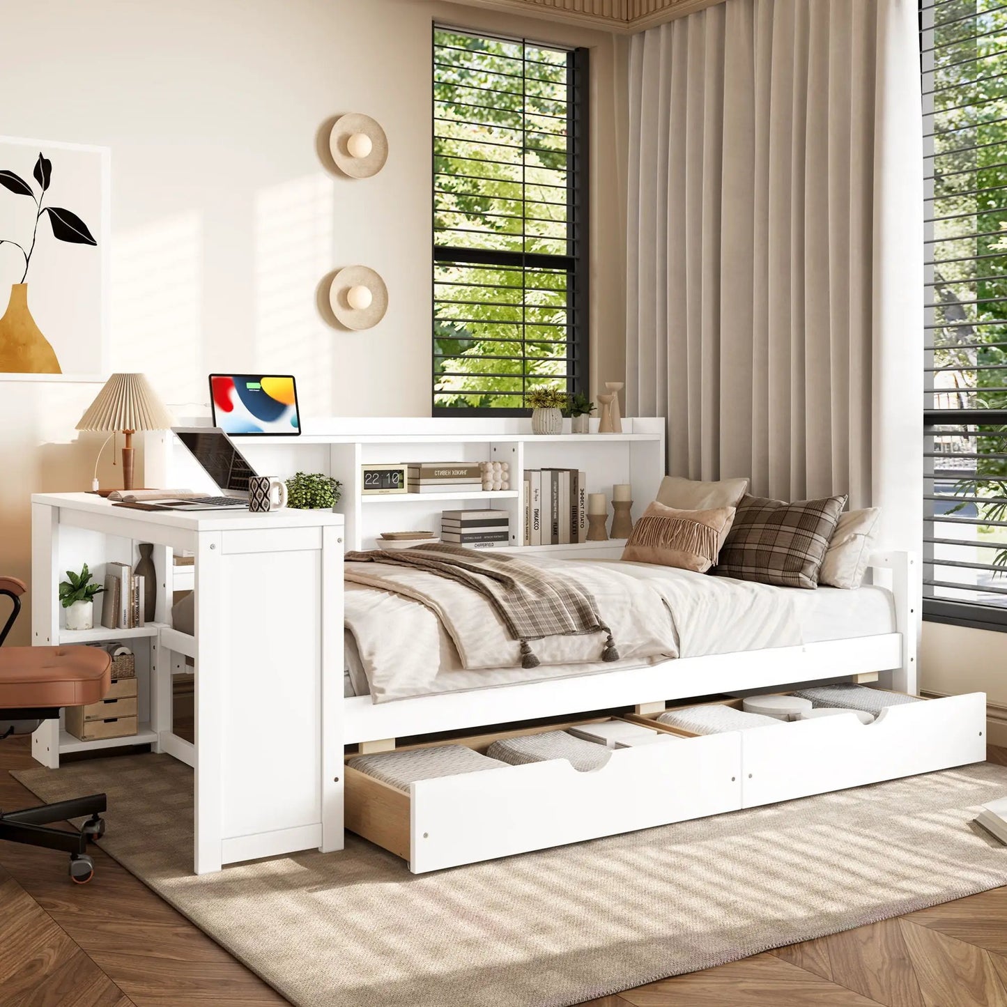Corner Daybed With Storage Drawers and Bookcase