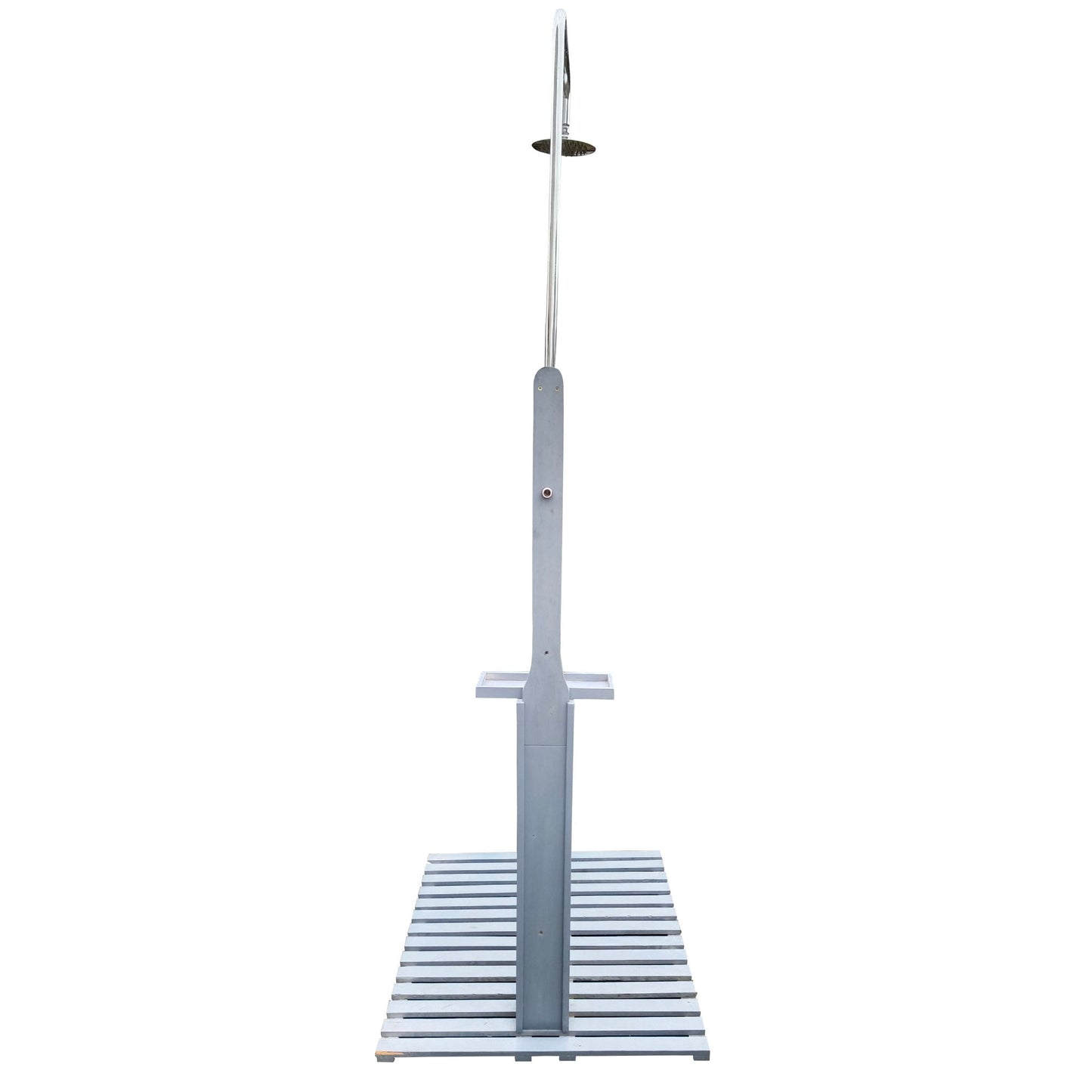 Outdoor shower on gray metal pole with round rainfall head and chassis base on Tampa Home & Garden Store