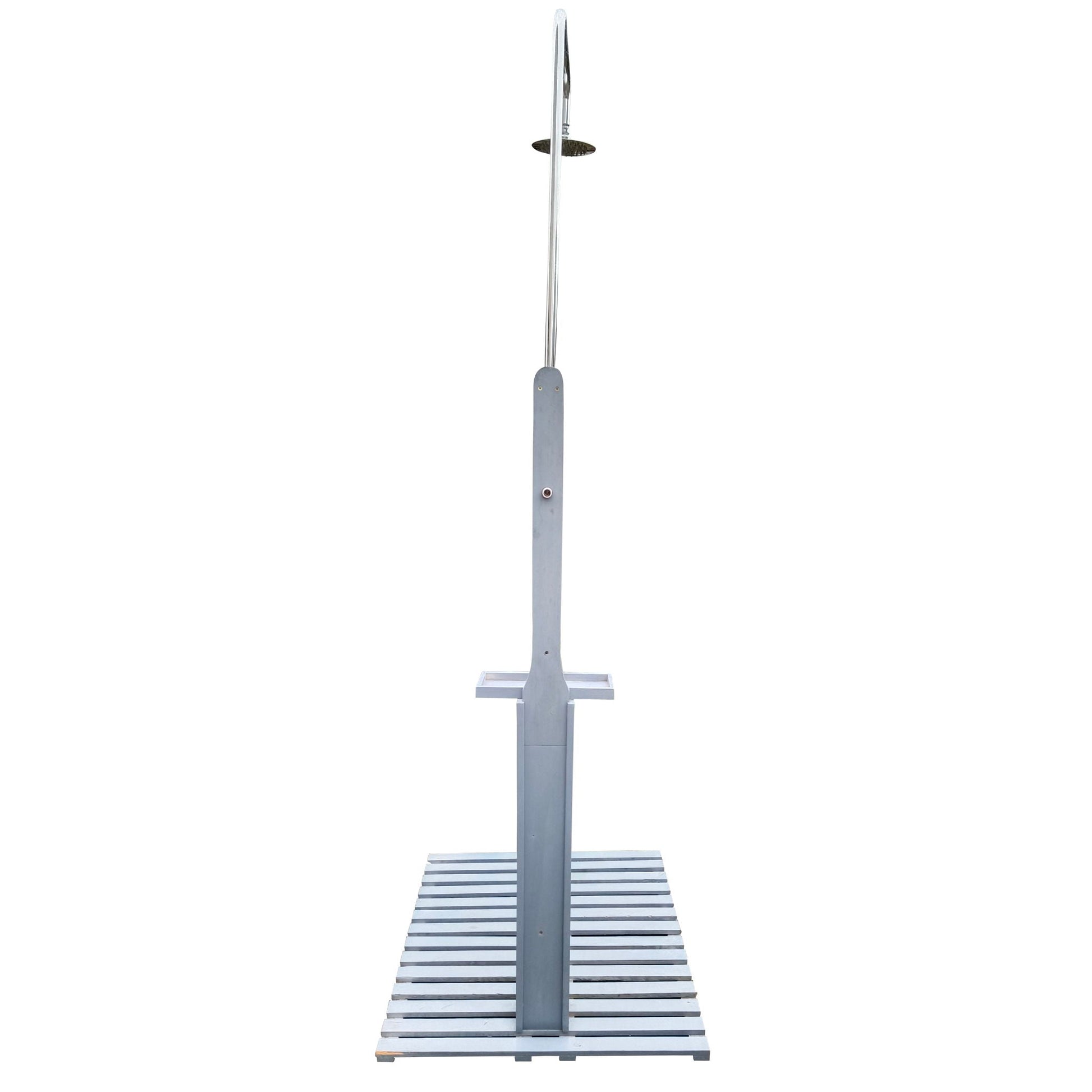 Outdoor shower on gray metal pole with round rainfall head and chassis base on Tampa Home & Garden Store