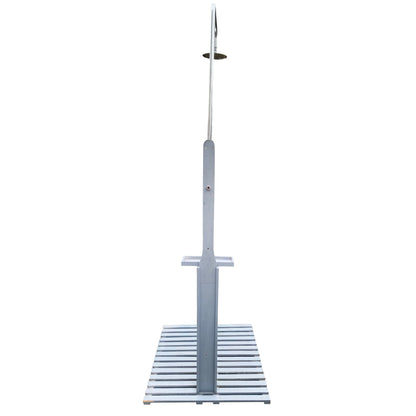 Outdoor shower on gray metal pole with round rainfall head and chassis base on Tampa Home & Garden Store
