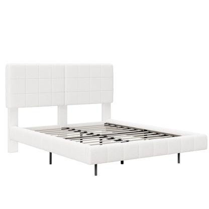 Floating Bed with Light and Soft Touch Surface white tufted upholstered bed frame with grid pattern and black legs on Tampa Home & Garden Store