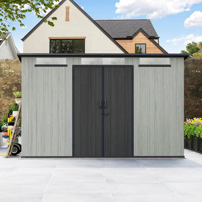 6x11ft outdoor resin storage shed with gray vertical panels and dark double doors on Tampa Home & Garden Store