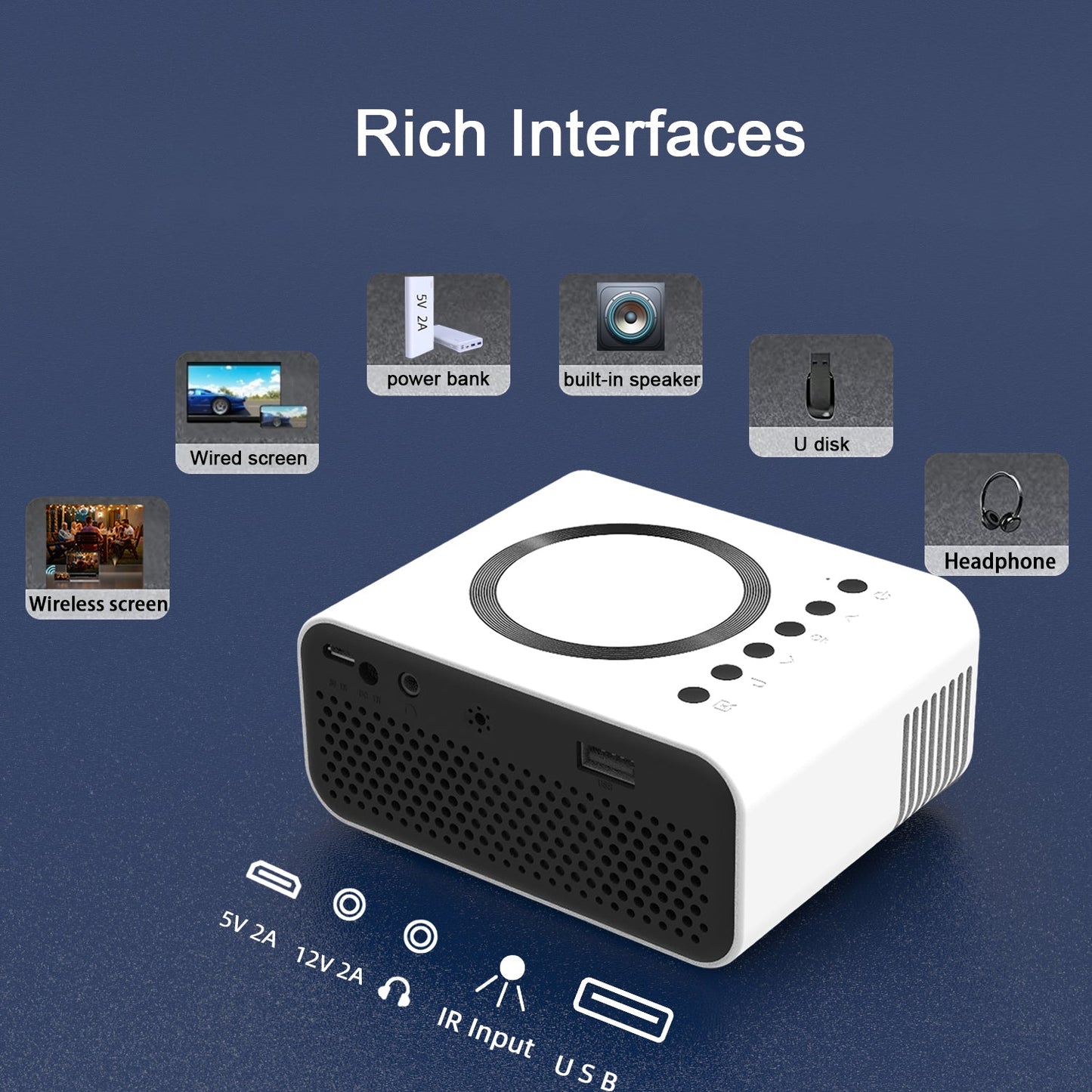 YT300 mobile video projector white compact unit with built-in speaker and USB/IR ports on Tampa Home & Garden Store