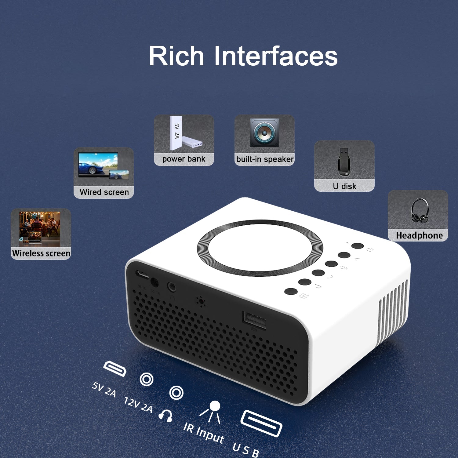 YT300 mobile video projector white compact unit with built-in speaker and USB/IR ports on Tampa Home & Garden Store