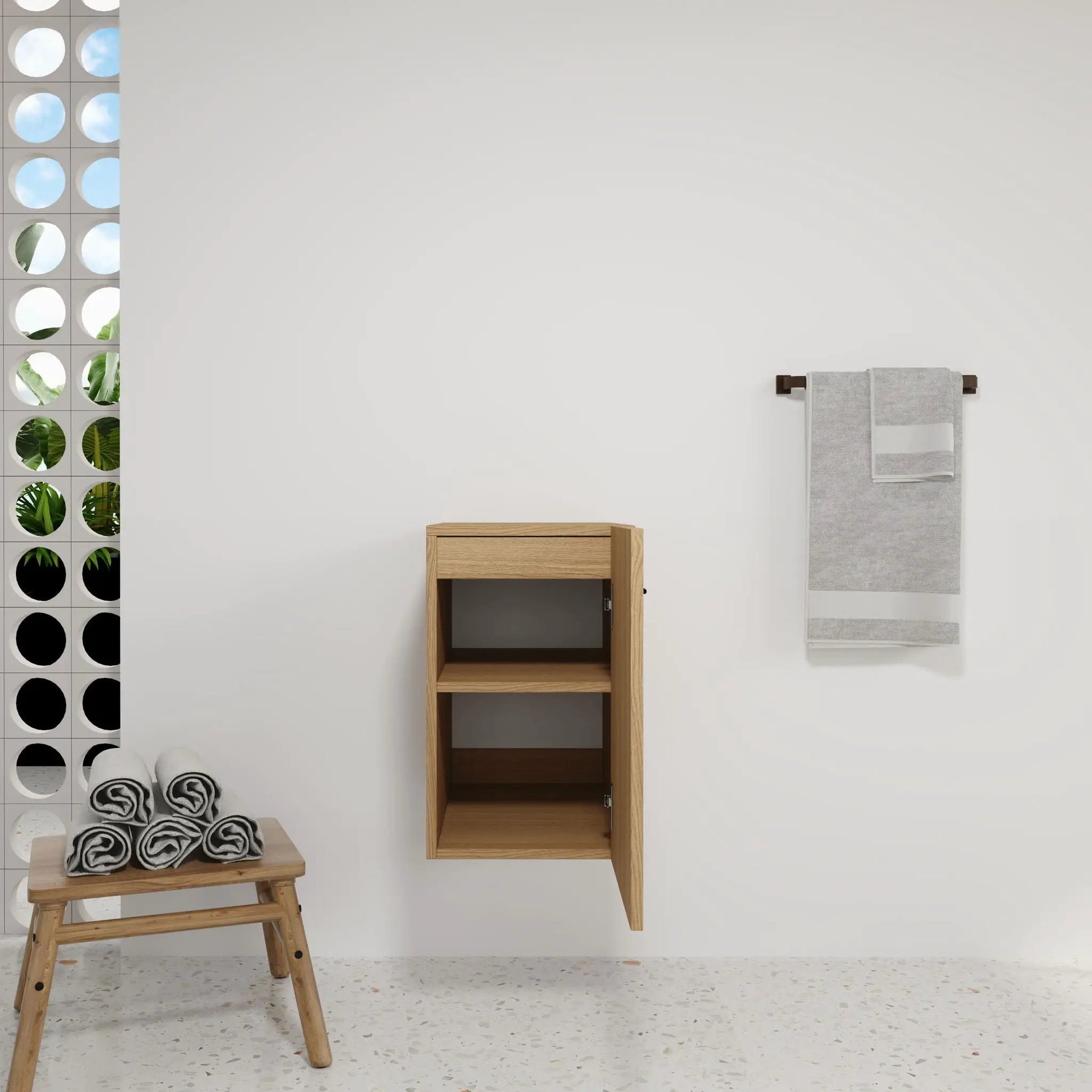 Floating bathroom vanity base cabinet, single door in light oak, wall-mounted storage on Tampa Home & Garden Store