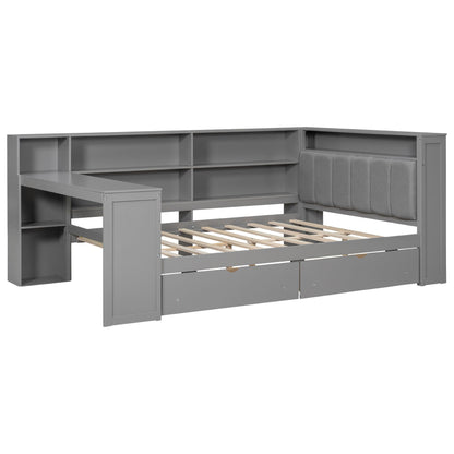 Platform bed with storage shelves, drawers, and gray upholstered headboard by HouseOfZazla on Tampa Home & Garden Store