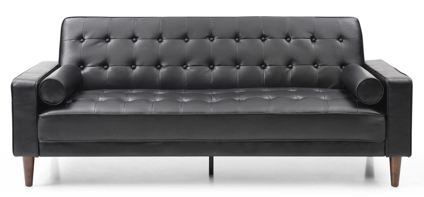 Andrews sofa bed futon in black leather with tufted back and cylindrical arm bolsters on Tampa Home & Garden Store