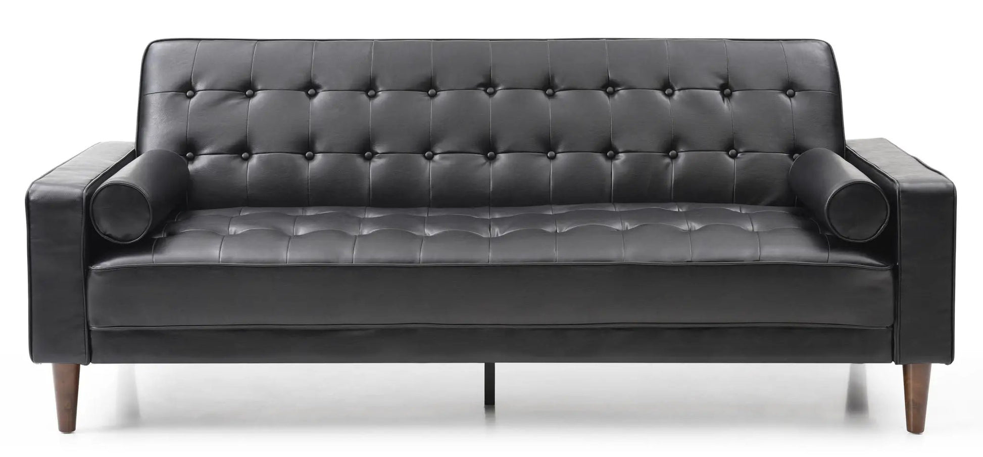 Andrews sofa bed futon in black leather with tufted back and cylindrical arm bolsters on Tampa Home & Garden Store
