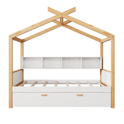 House Bed With Bookshelf Storage frame in natural wood and white cubbies on Tampa Home & Garden Store
