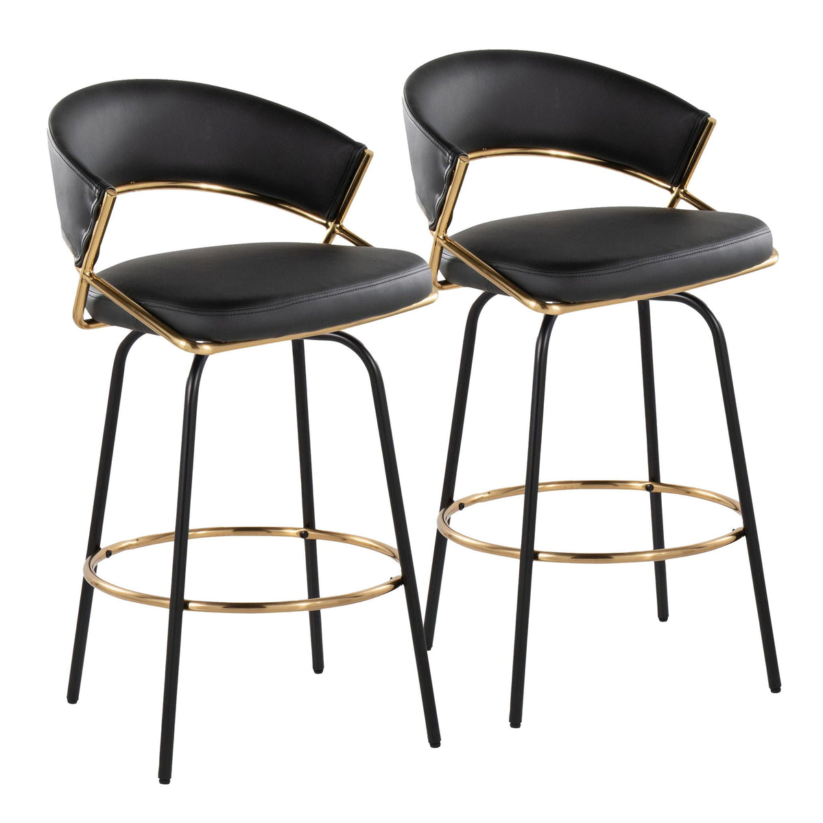 Set of 2 Jie counter stools with black leatherette seats, gold frames and swivel footrests on Tampa Home & Garden Store