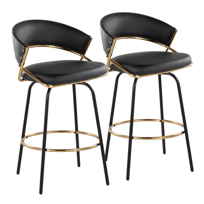 Set of 2 Jie counter stools with black leatherette seats, gold frames and swivel footrests on Tampa Home & Garden Store