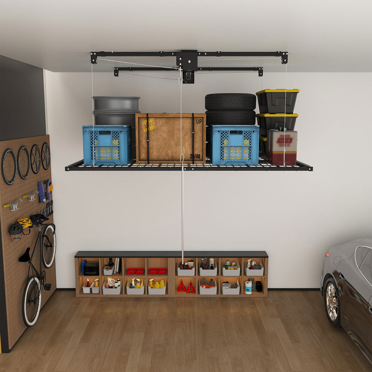 Overhead garage storage rack with crank system in black by HouseOfZazla on Tampa Home & Garden Store