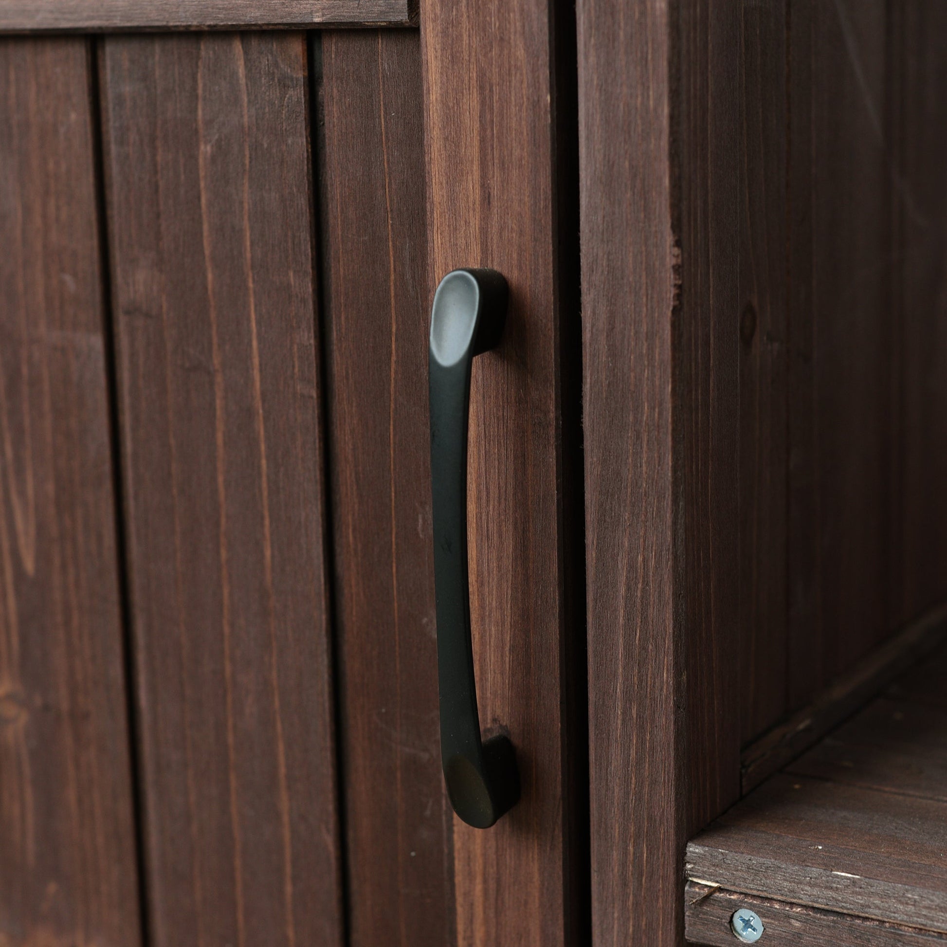 Outdoor Kitchen Island Fir Wood Prep Station dark-stained cabinet with black handle on Tampa Home & Garden Store