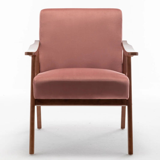 Accent chair, mid-century modern style with pink leatherette upholstery and wooden legs on Tampa Home & Garden Store
