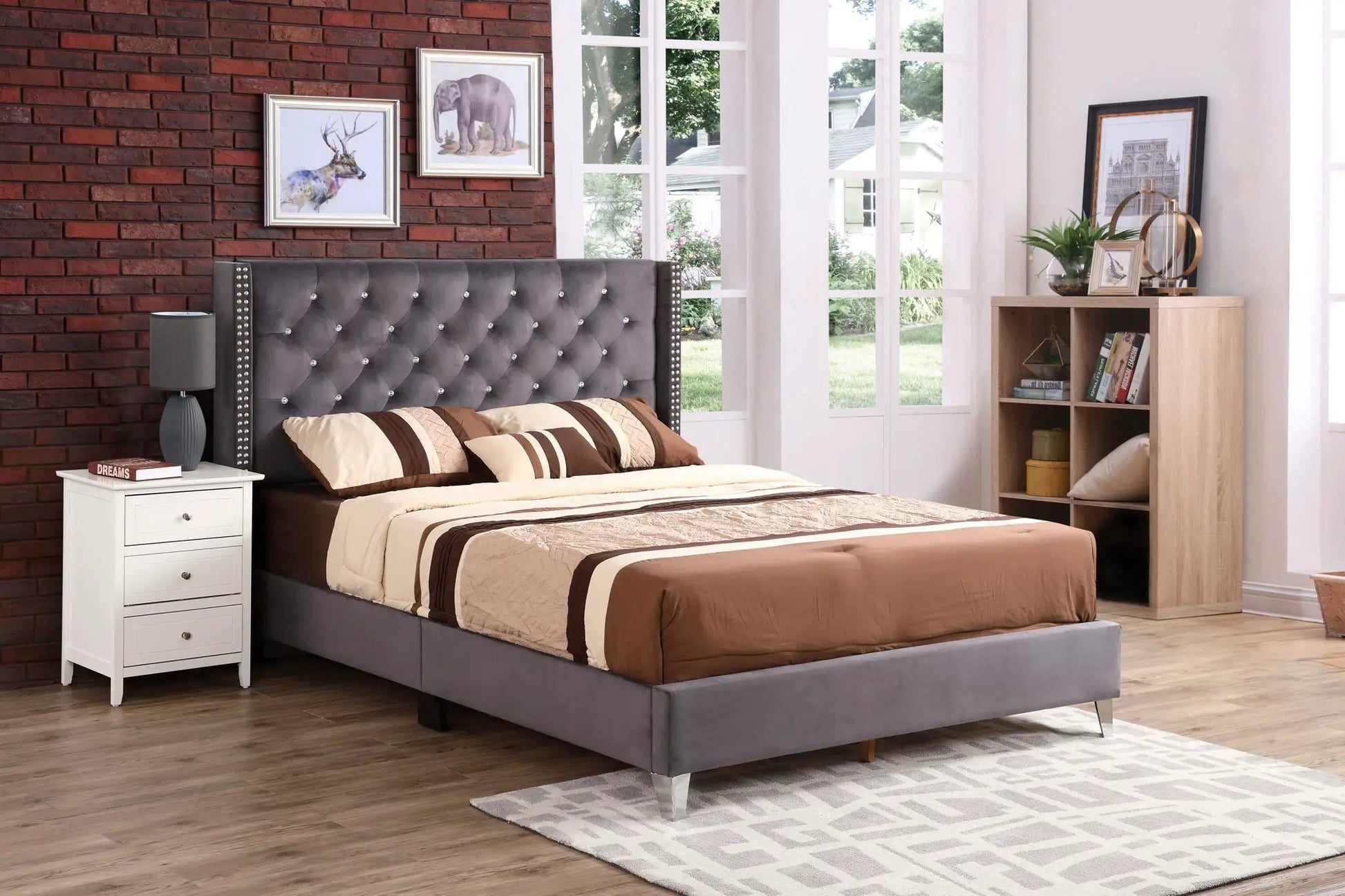 Upholstered Nailhead Trim Chic Bed with grey tufted headboard by Unique Piece Furniture on Tampa Home & Garden Store