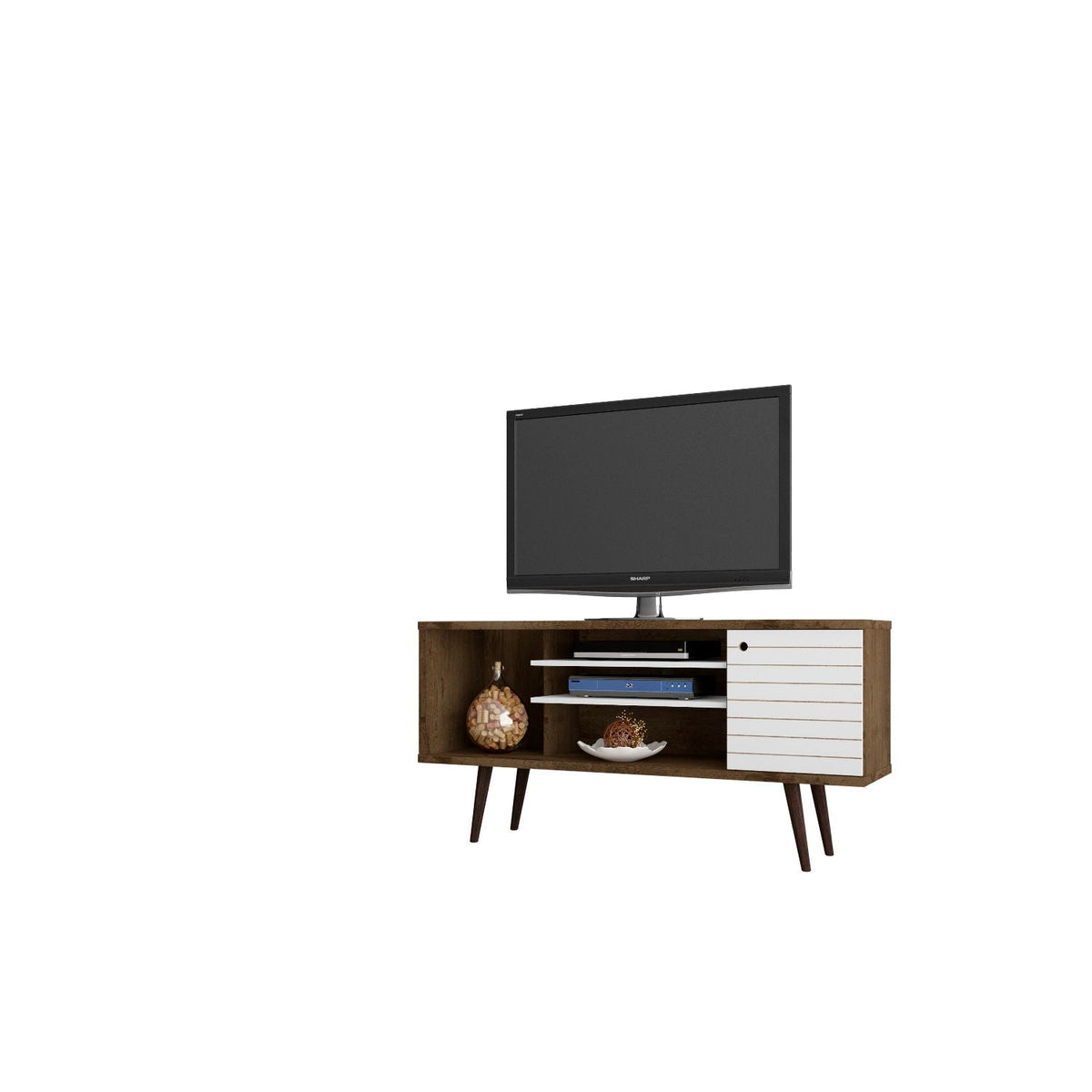 Free Standing TV Stand with Storage HouseOfZazla walnut wood finish white drawer panel mid-century legs on Tampa Home & Garden Store