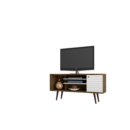 Free Standing TV Stand with Storage HouseOfZazla walnut wood finish white drawer panel mid-century legs on Tampa Home & Garden Store