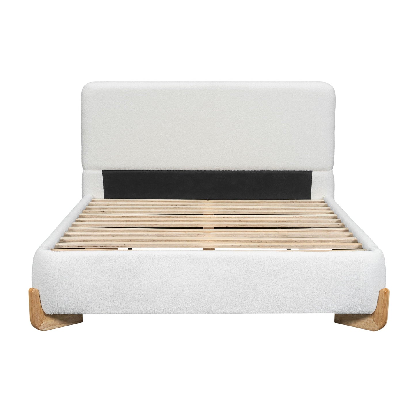 Elegant boucle upholstered bed with solid wood feet, white fabric headboard, slatted base on Tampa Home & Garden Store