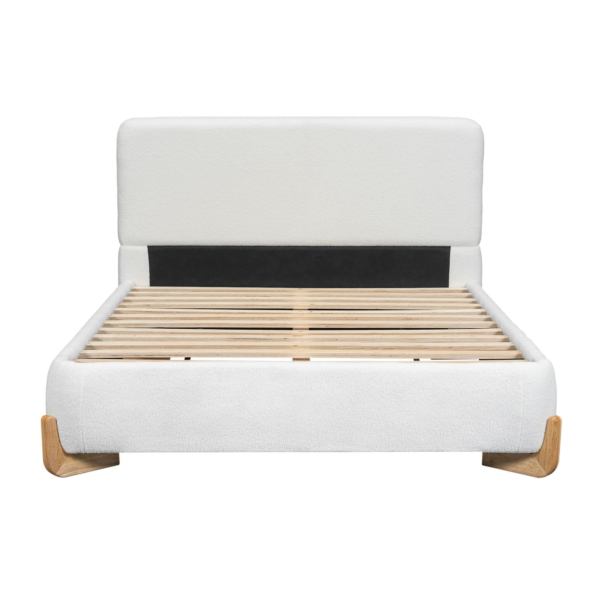 Elegant boucle upholstered bed with solid wood feet, white fabric headboard, slatted base on Tampa Home & Garden Store