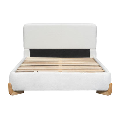 Elegant boucle upholstered bed with solid wood feet, white fabric headboard, slatted base on Tampa Home & Garden Store