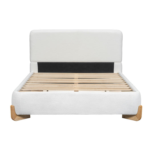Elegant boucle upholstered bed with solid wood feet, white fabric headboard, slatted base on Tampa Home & Garden Store
