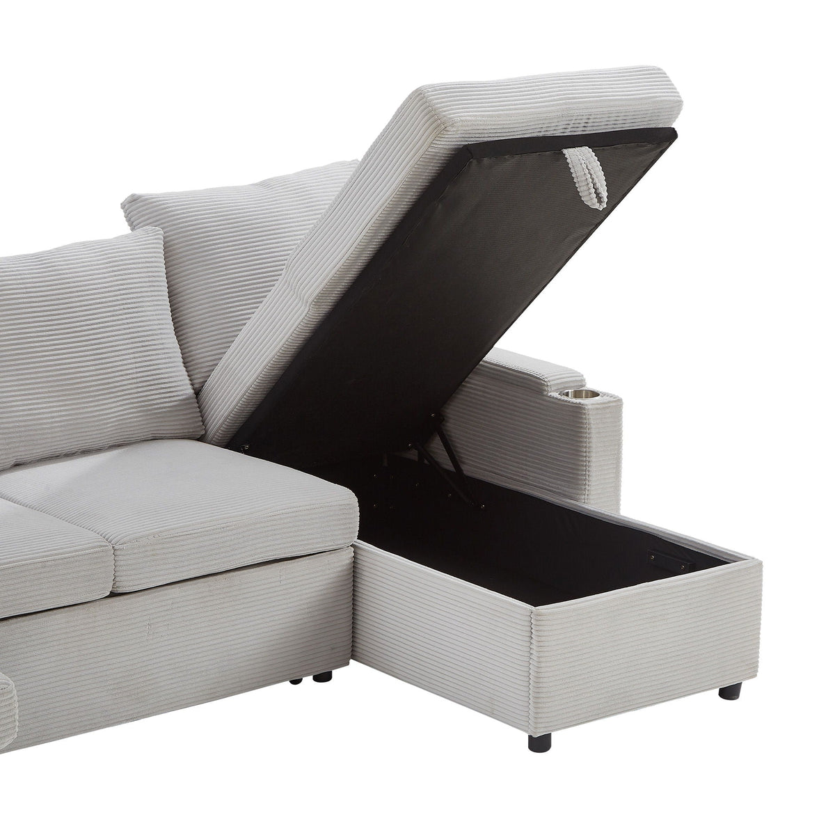 U-shaped sectional sofa bed with storage chaise and USB ports, light gray striped upholstery on Tampa Home & Garden Store