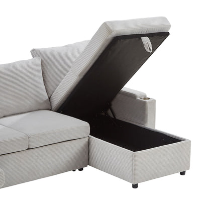 U-shaped sectional sofa bed with storage chaise and USB ports, light gray striped upholstery on Tampa Home & Garden Store