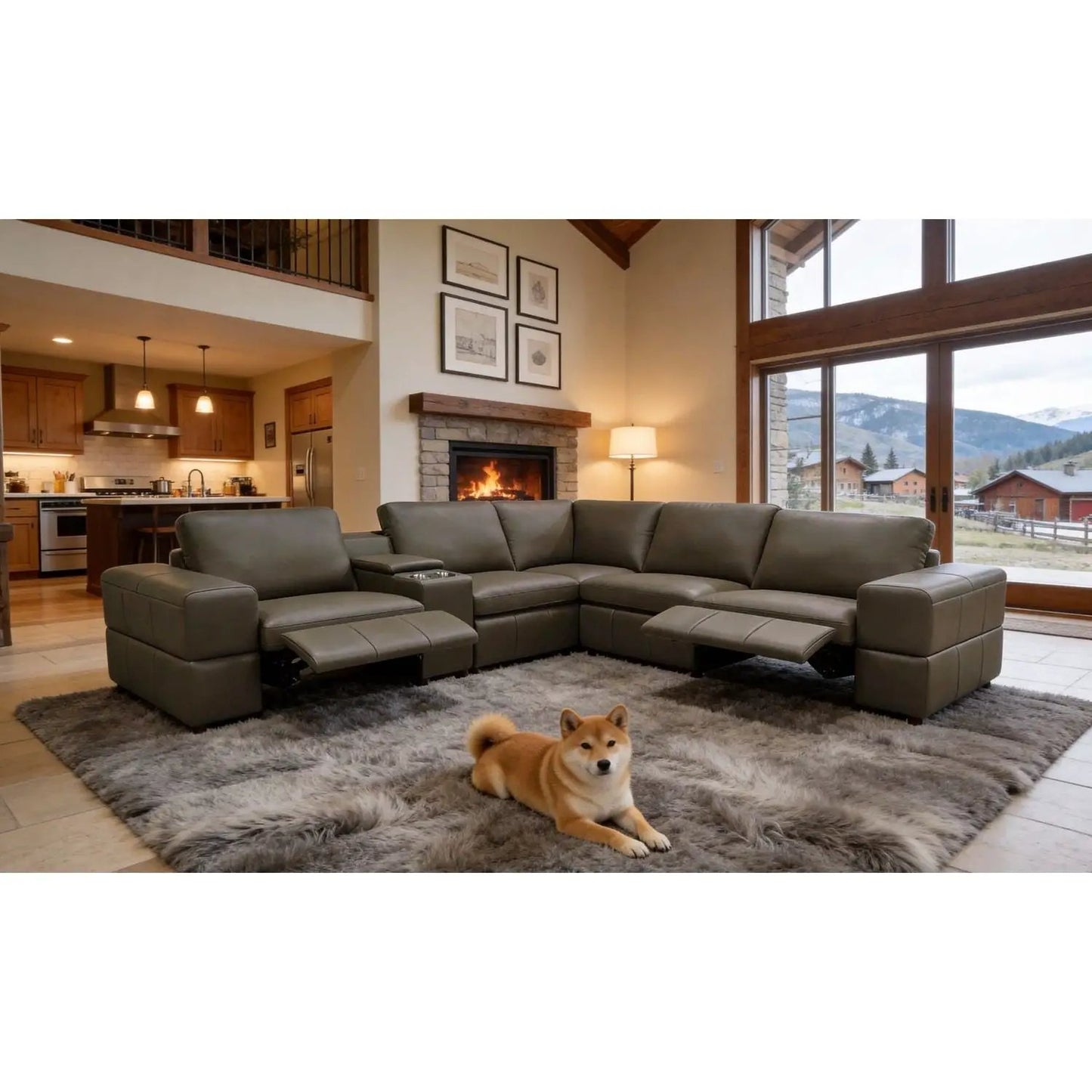Upholstered large-armed sectional with recliner seats, gray leather, Unique Piece Furniture on Tampa Home & Garden Store