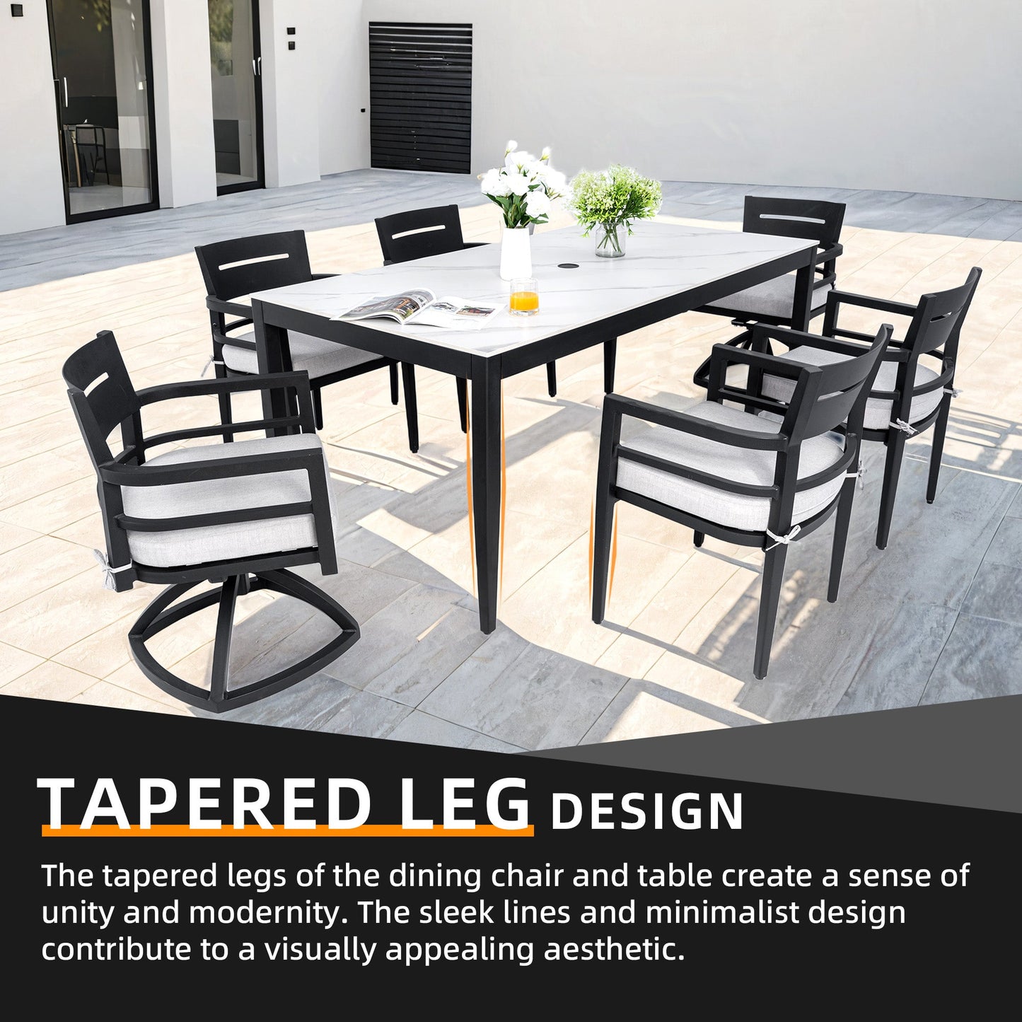 Modern 7pc outdoor patio aluminum dining set with black frames and light gray cushions on Tampa Home & Garden Store