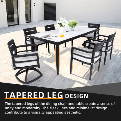 Modern 7pc outdoor patio aluminum dining set with black frames and light gray cushions on Tampa Home & Garden Store