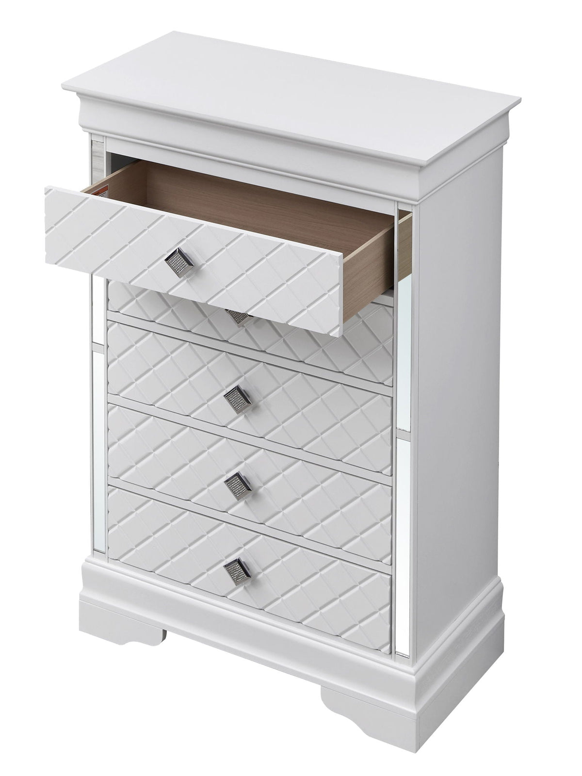 HouseOfZazla silver champagne accent chest with embossed X pattern and mirrored panels on Tampa Home & Garden Store