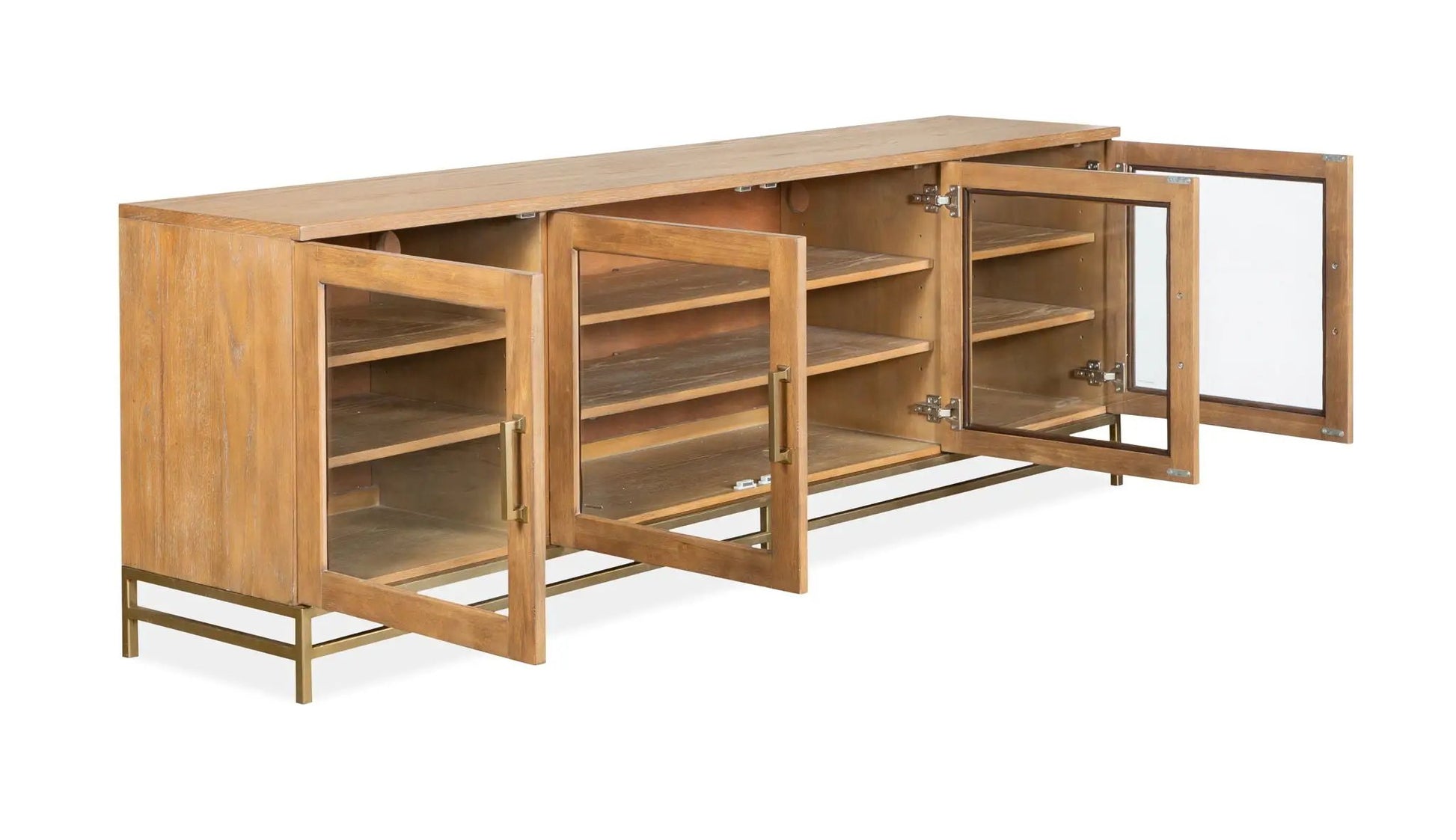 Lindon Console TV Stand by Unique Piece Furniture; light wood with glass-front doors and shelves on Tampa Home & Garden Store