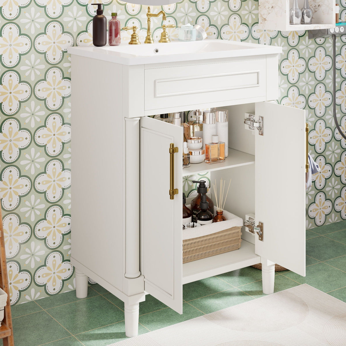 Bathroom vanity with integrated sink and 2-door cabinet by HouseOfZazla, white, brass faucet on Tampa Home & Garden Store