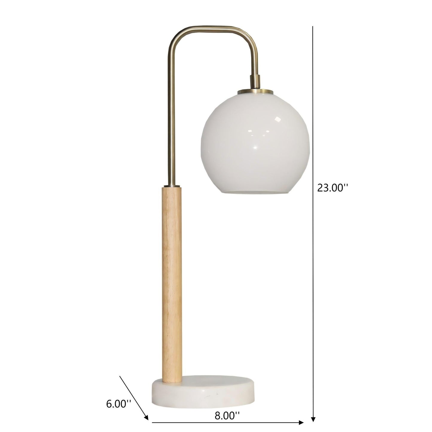 Bedside Table Lamp with white globe shade brass arched stem wooden base HouseOfZazla on Tampa Home & Garden Store