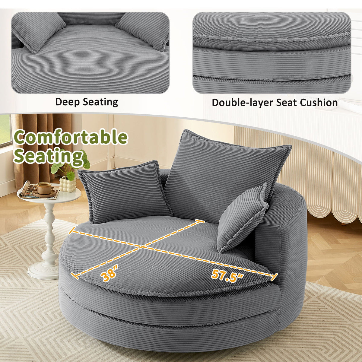 Swivel Barrel Chair with Cushion and Pillows in gray corduroy, HouseOfZazla on Tampa Home & Garden Store