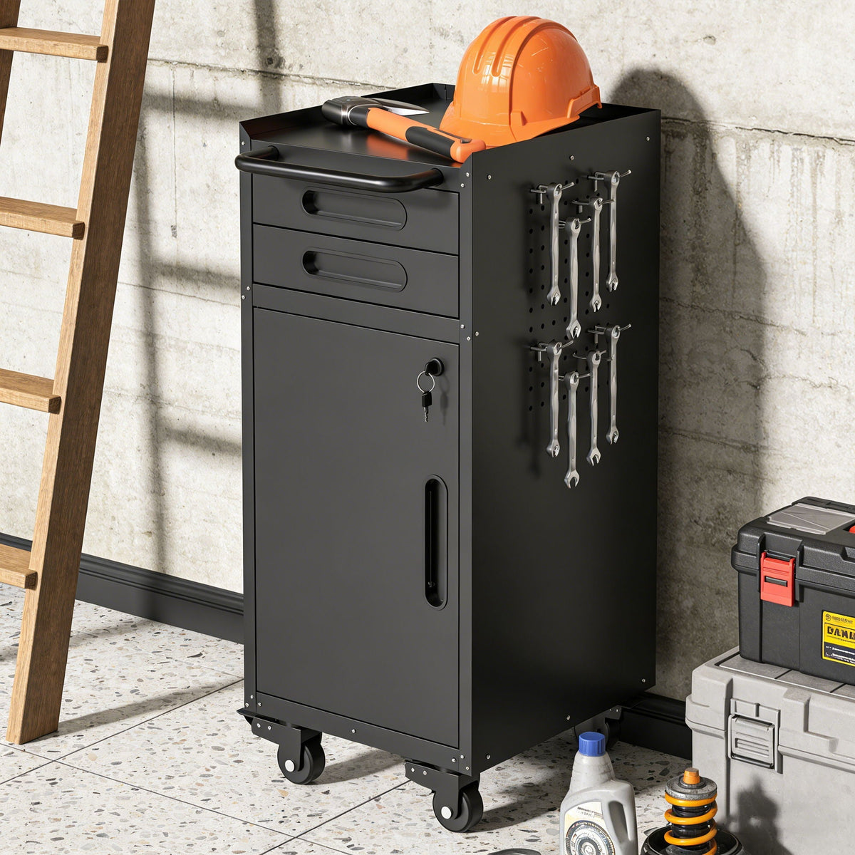 Rolling tool cabinet by HouseOfZazla, dark gray metal with lockable doors on Tampa Home & Garden Store