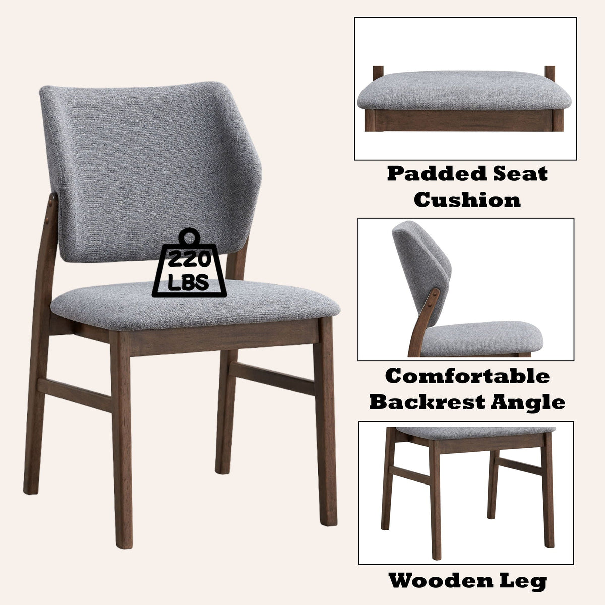 Padded Seat Side Chair set of 2 in gray fabric with wooden legs HouseOfZazla on Tampa Home & Garden Store
