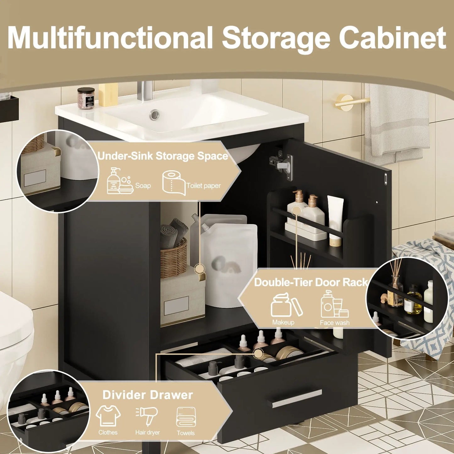 Bathroom Vanity Ceramic Sink and Divider Drawer
