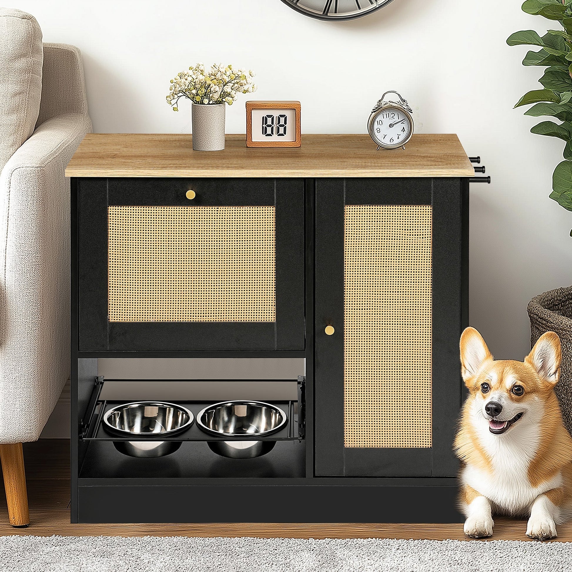Feeding Station with 2 Lockers and Elevated Bowls Black by HouseOfZazla pet cabinet with 2 bowls on Tampa Home & Garden Store