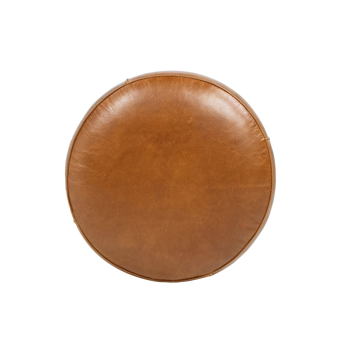 Brown leather round ottoman stool close-up with stitched edge on Tampa Home & Garden Store