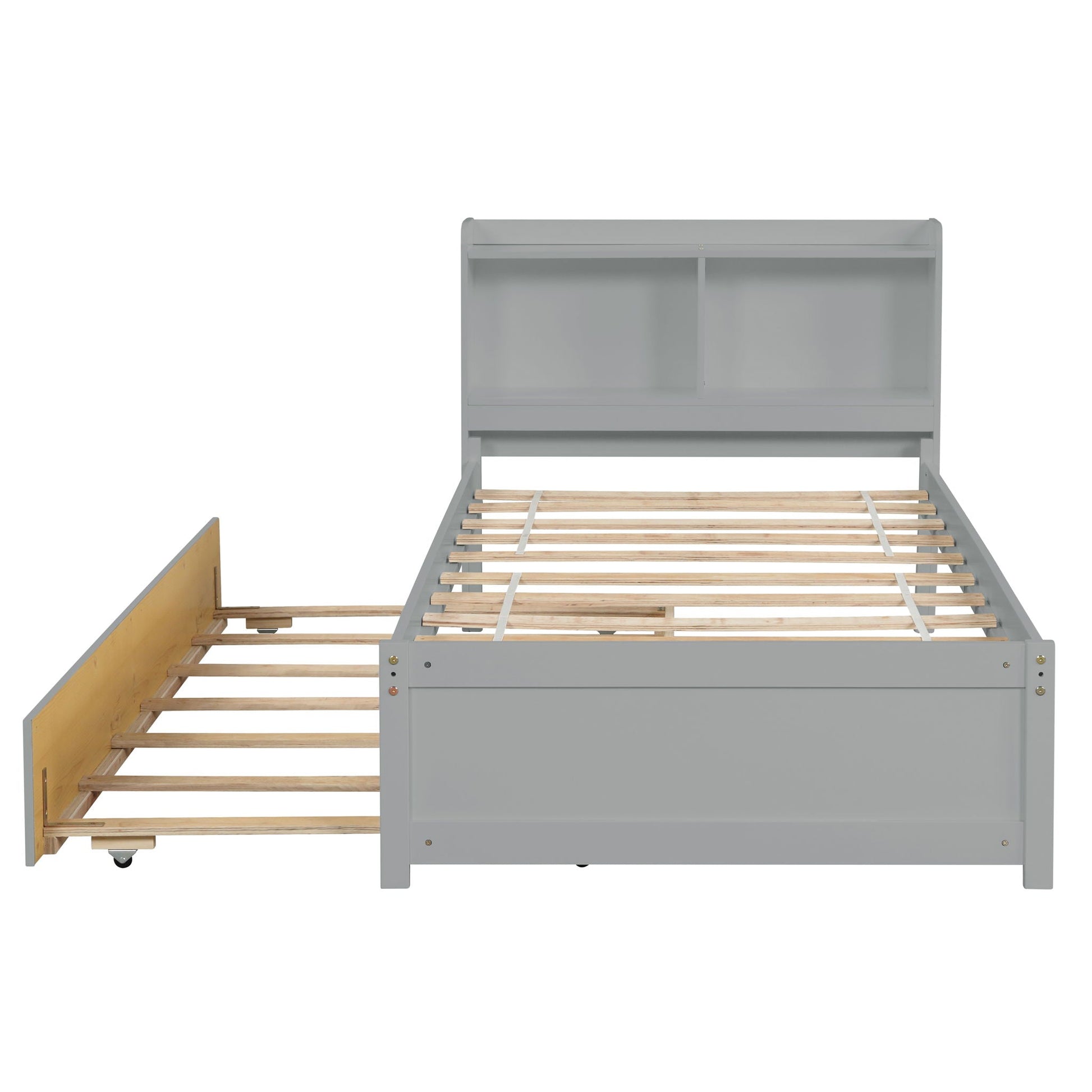 Twin bed with built-in bookcase headboard and trundle gray frame by Unique Piece Furniture on Tampa Home & Garden Store