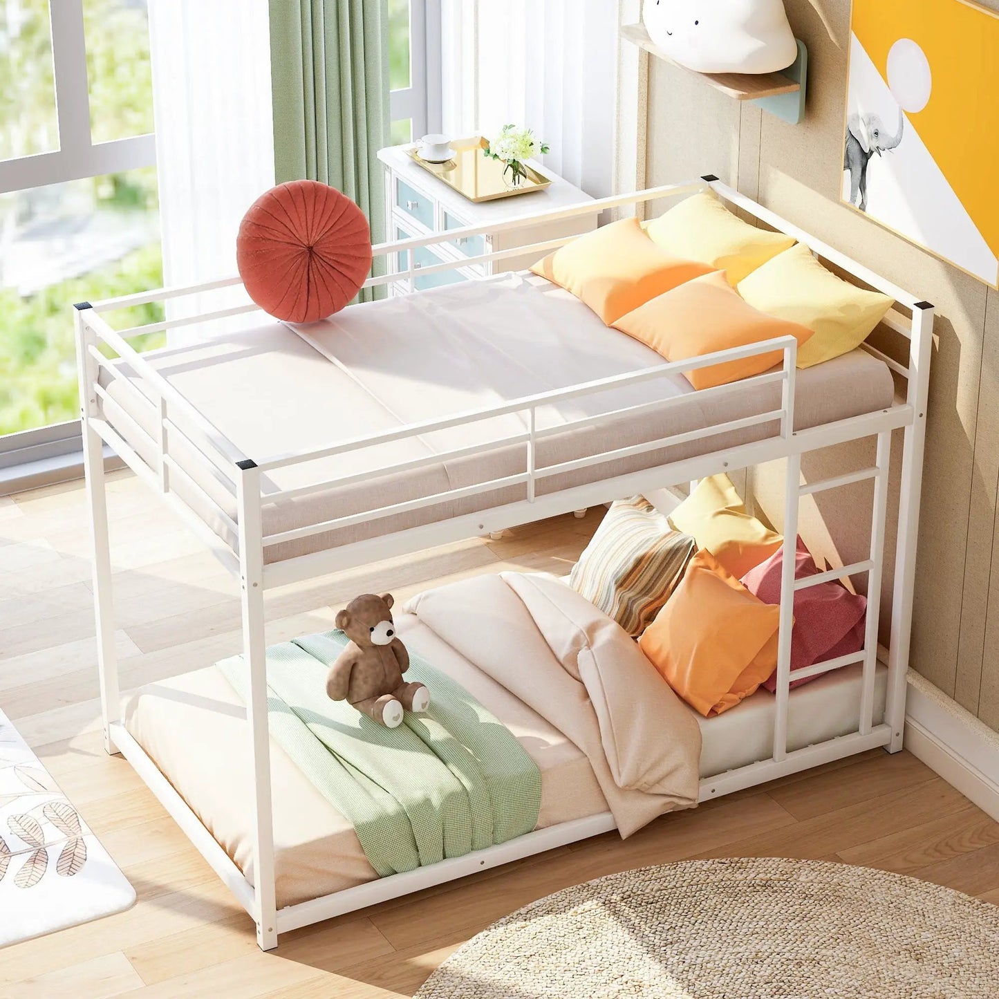 Metal bunk bed low with ladder, white frame, beige bedding, Unique Piece Furniture on Tampa Home & Garden Store