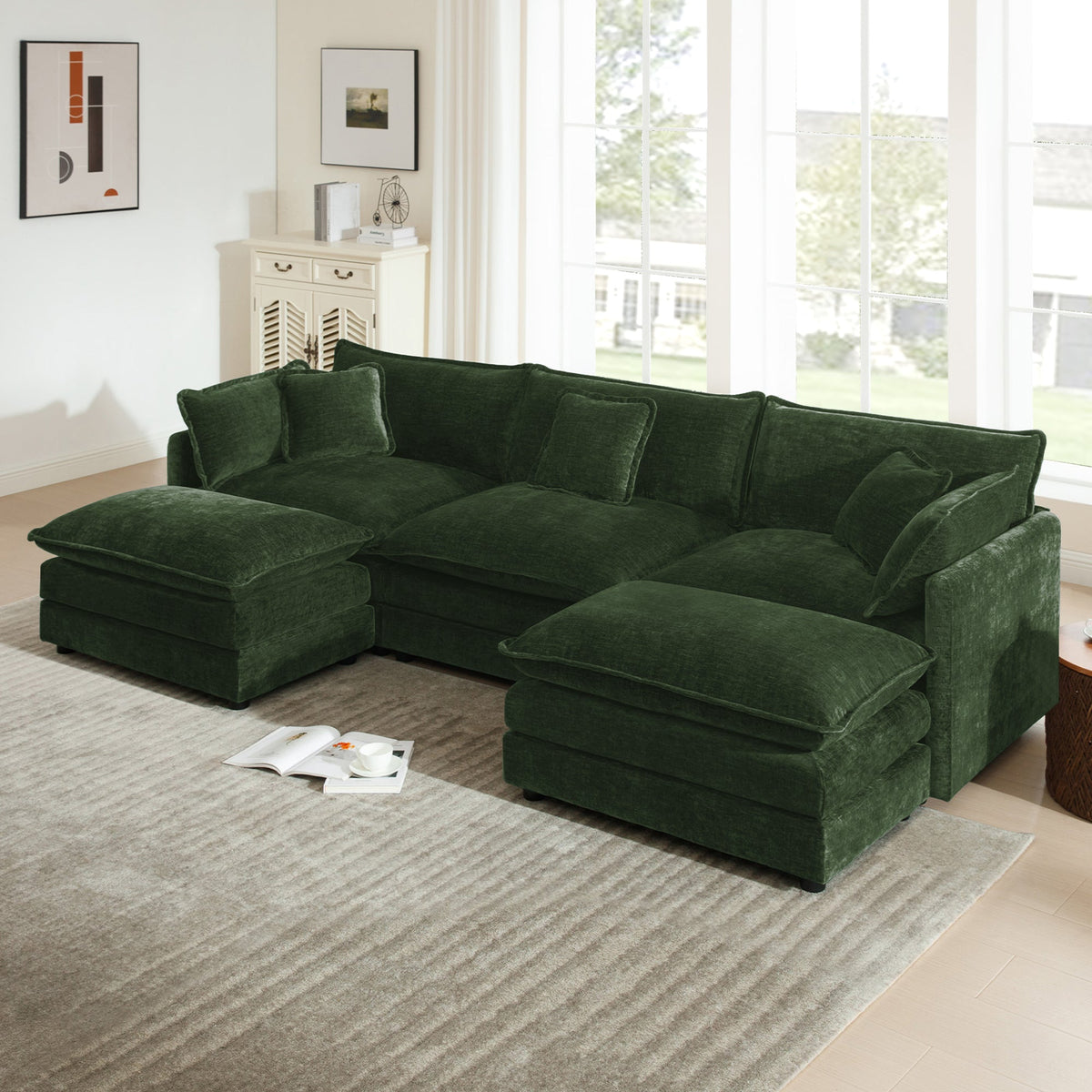 U-Shaped Sectional Sofa with Reversible Footrest in dark green velvet by HouseOfZazla on Tampa Home & Garden Store