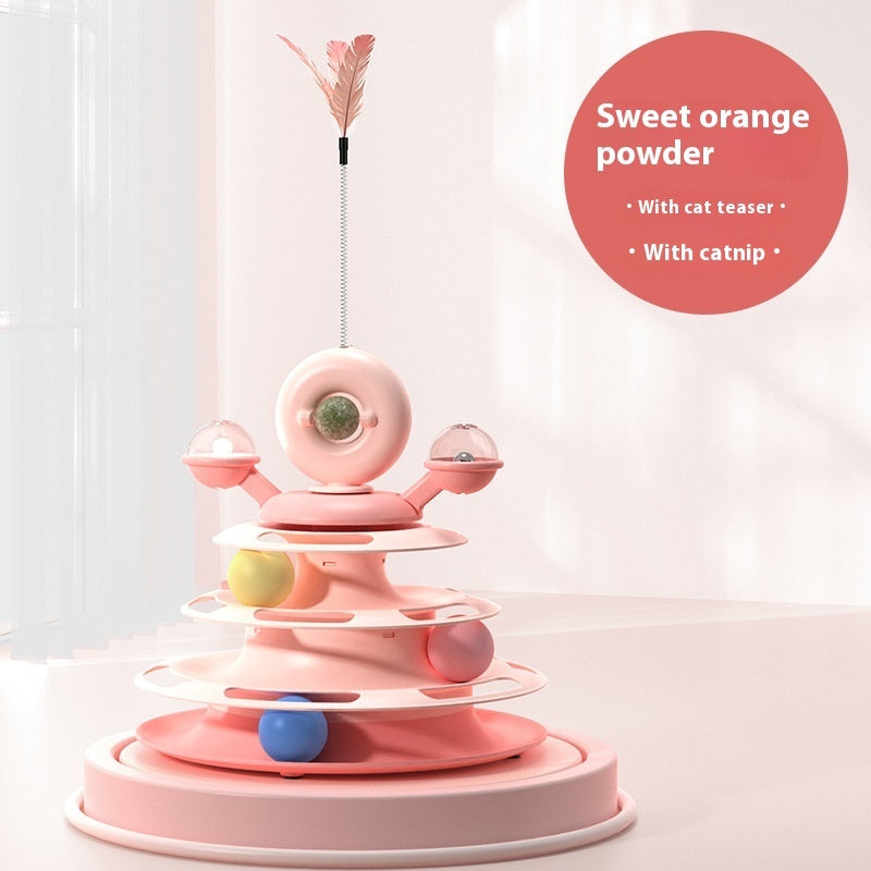 Sell My Stuff pink 4-level cat toy tower with turntable, rolling balls and feather teaser on Tampa Home & Garden Store