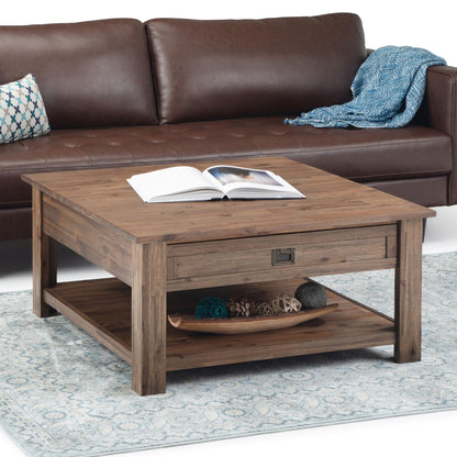 Monroe Solid Acacia Side Table brown wood with lower shelf, open book on top, living room on Tampa Home & Garden Store