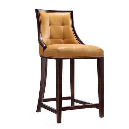 Bar height stool with solid dark wood frame and tan tufted leather seat on Tampa Home & Garden Store