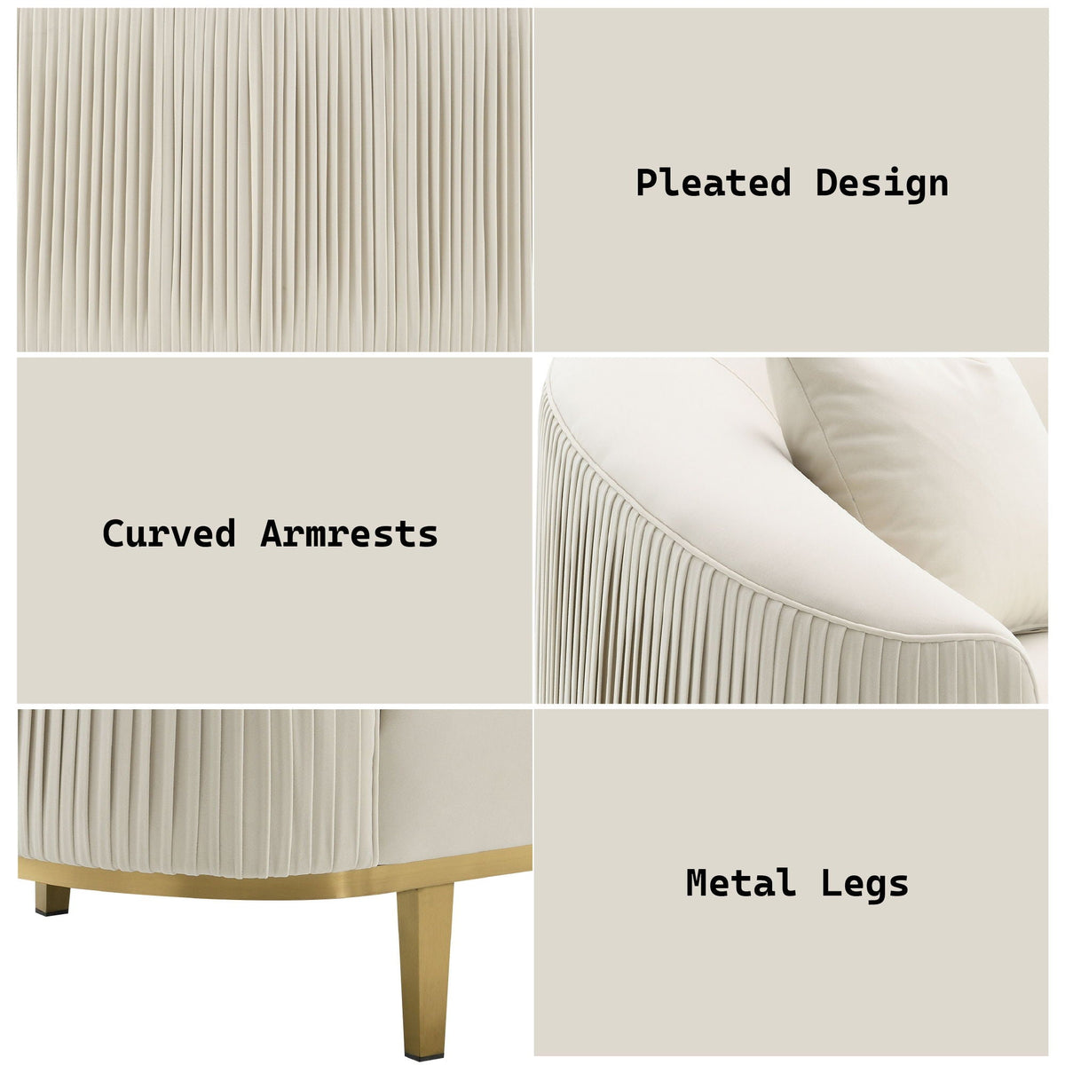 Ivory velvet loveseat with pleated sides and metal legs on Tampa Home & Garden Store