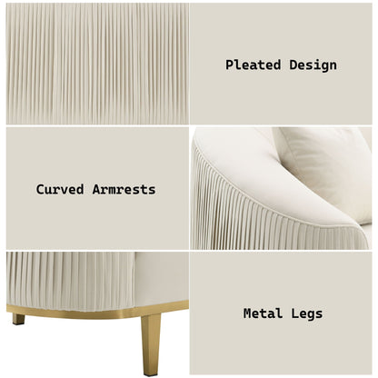 Ivory velvet loveseat with pleated sides and metal legs on Tampa Home & Garden Store